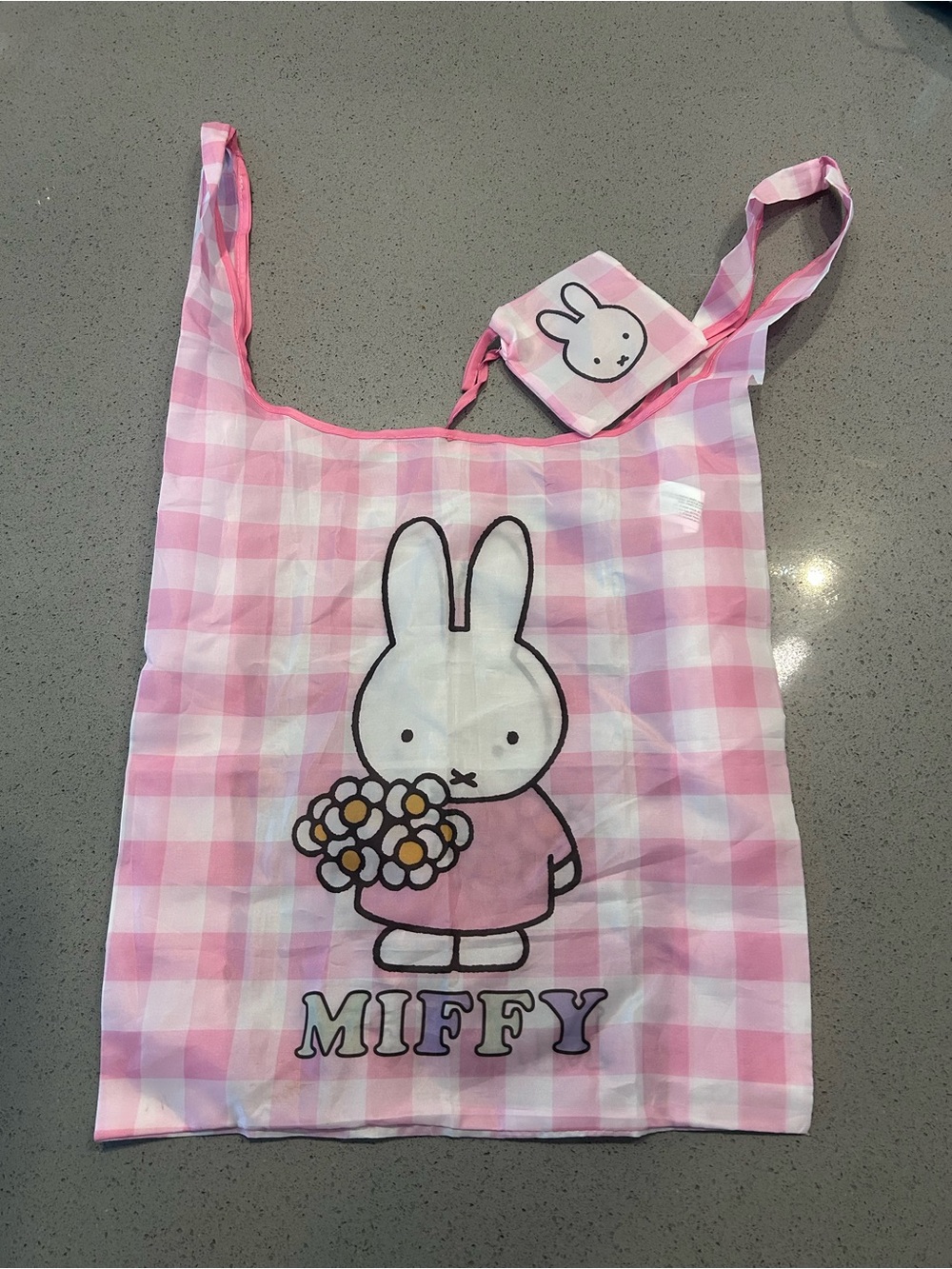 miffy Pink Gingham Tote Bag with Miffy Holding Flowers